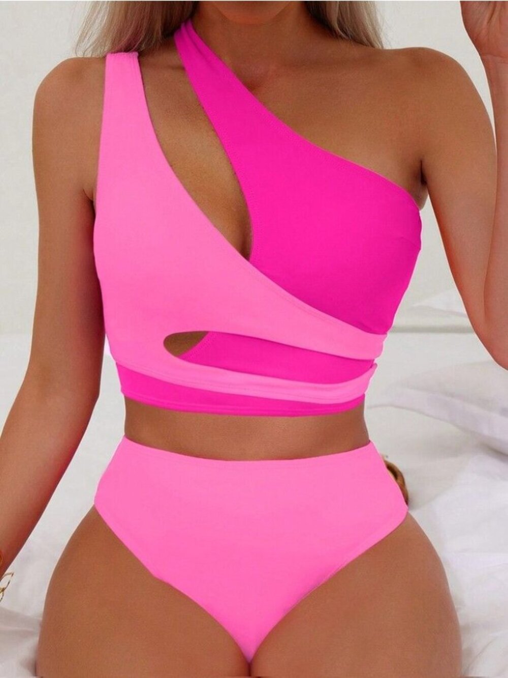 Pink One-Shoulder Cutout Two-Piece Swimsuit Size Small High Waist Bottoms Stretc
